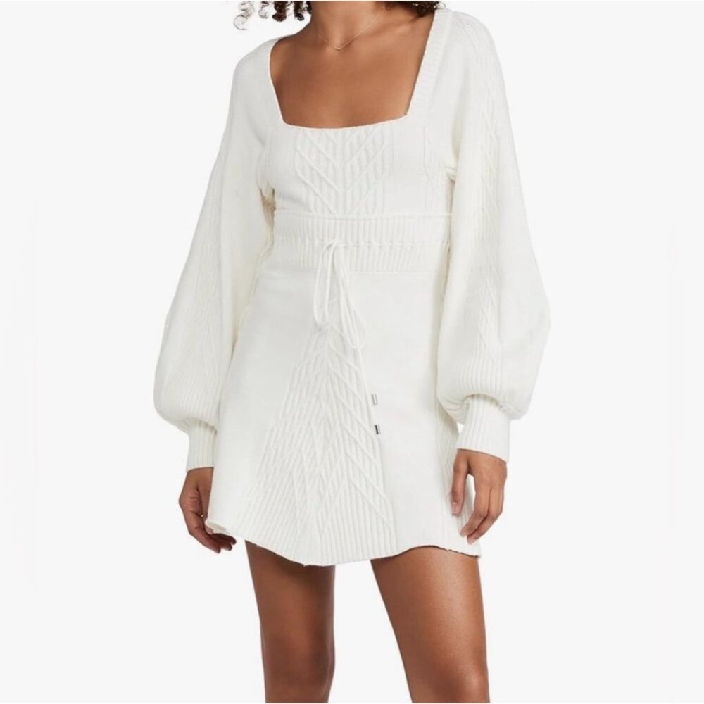 Free People Emmaline Mini Knit‎ White Sweater Dress sz Small Long Sleeves Square